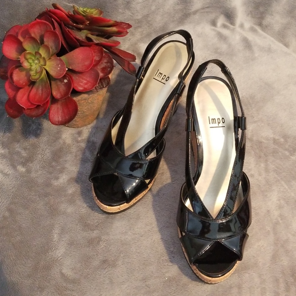 IMPO Black Peep Toe Cork Sling Back Wedge Sandal